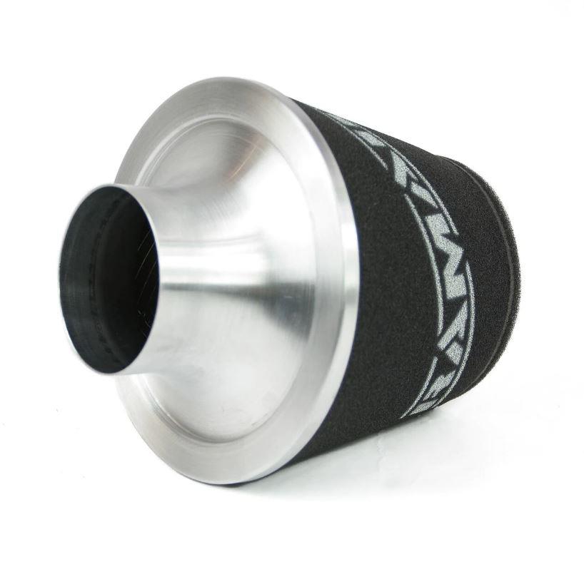 Filtro de Aire Ramair de espuma grande con base de aluminio de 90mm de diámetro exterior en color plateado.
