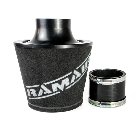 Filtro de Aire Ramair de espuma grande con base de aluminio de 90mm de diámetro exterior en color negro con acoplador de silicona.